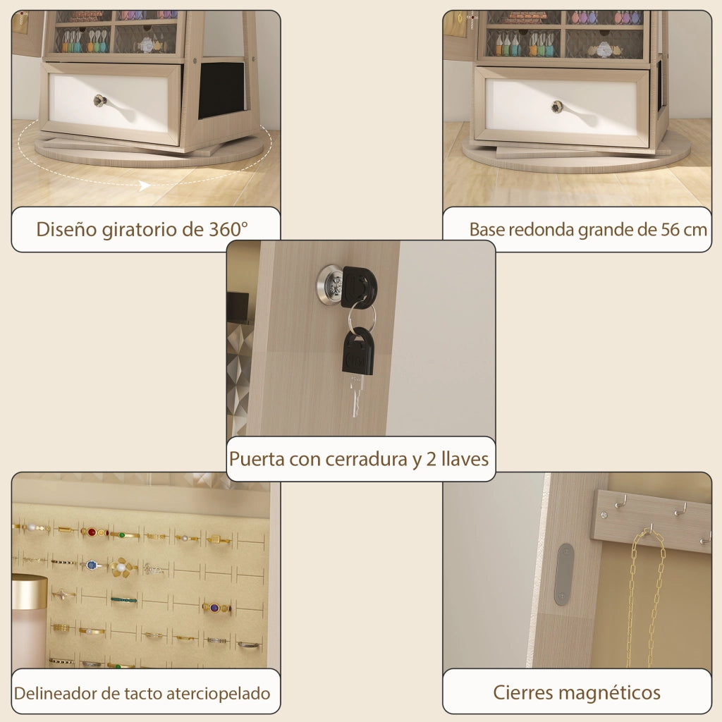 Specchiera Portagioie con LED ¨C Xylo ¨C Rotazione 360¡ã Cassetto con Serratura Naturale