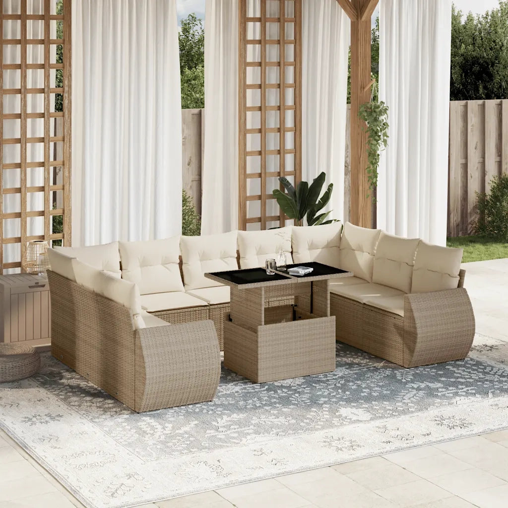 Set Divano da Giardino 10 pz con Cuscini Beige in Polyrattan