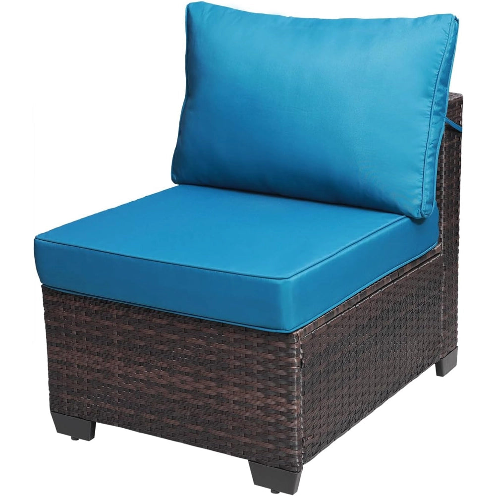 Set Patio Divano Modulabile da Esterno in Polyrattan con Cuscini Blu da Giardino