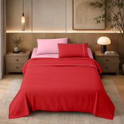 Completo Lenzuola Matrimoniale Bicolore in Tinta Unita, Cotone Certificato OEKO-TEX, Set 4 Pezzi con Lenzuolo Sopra, Sotto con Angoli e 2 Federe  Rosa-Rosso