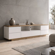Mobile TV 180x38x46 cm bianco e colore legno in MDF con 5 ante e 2 vani aperti