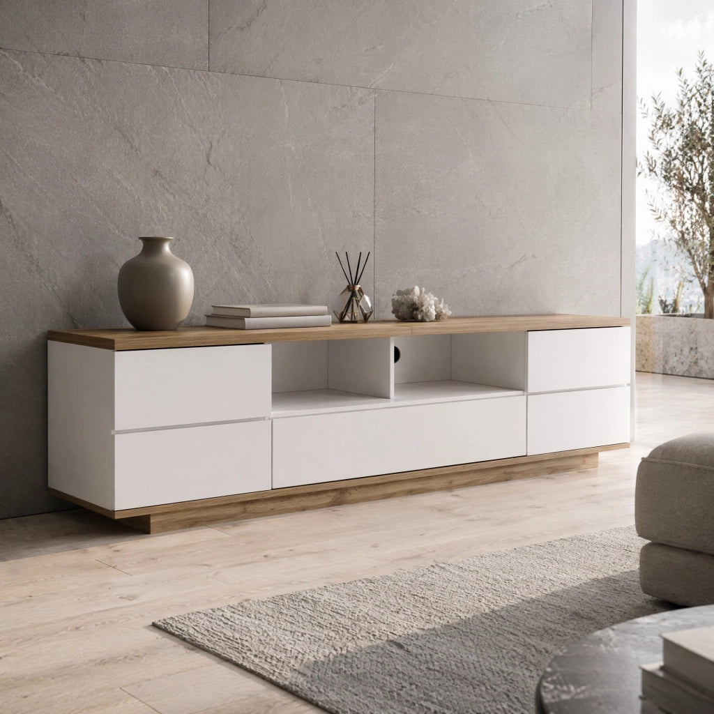 Mobile TV 180x38x46 cm bianco e colore legno in MDF con 5 ante e 2 vani aperti