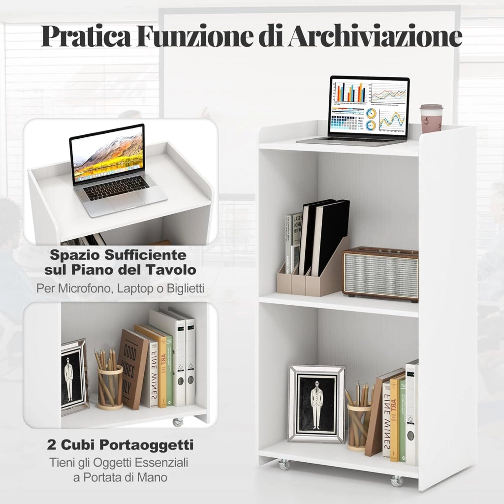 COSTWAY Podio per Conferenza, Leggio in Legno Massello con 2 Ripiani e Ruote Universali e Bloccabili, Podio in Piedi per Chiesa, Ufficio e Scuola, 57,5 x 37 x 105 cm (Bianco)