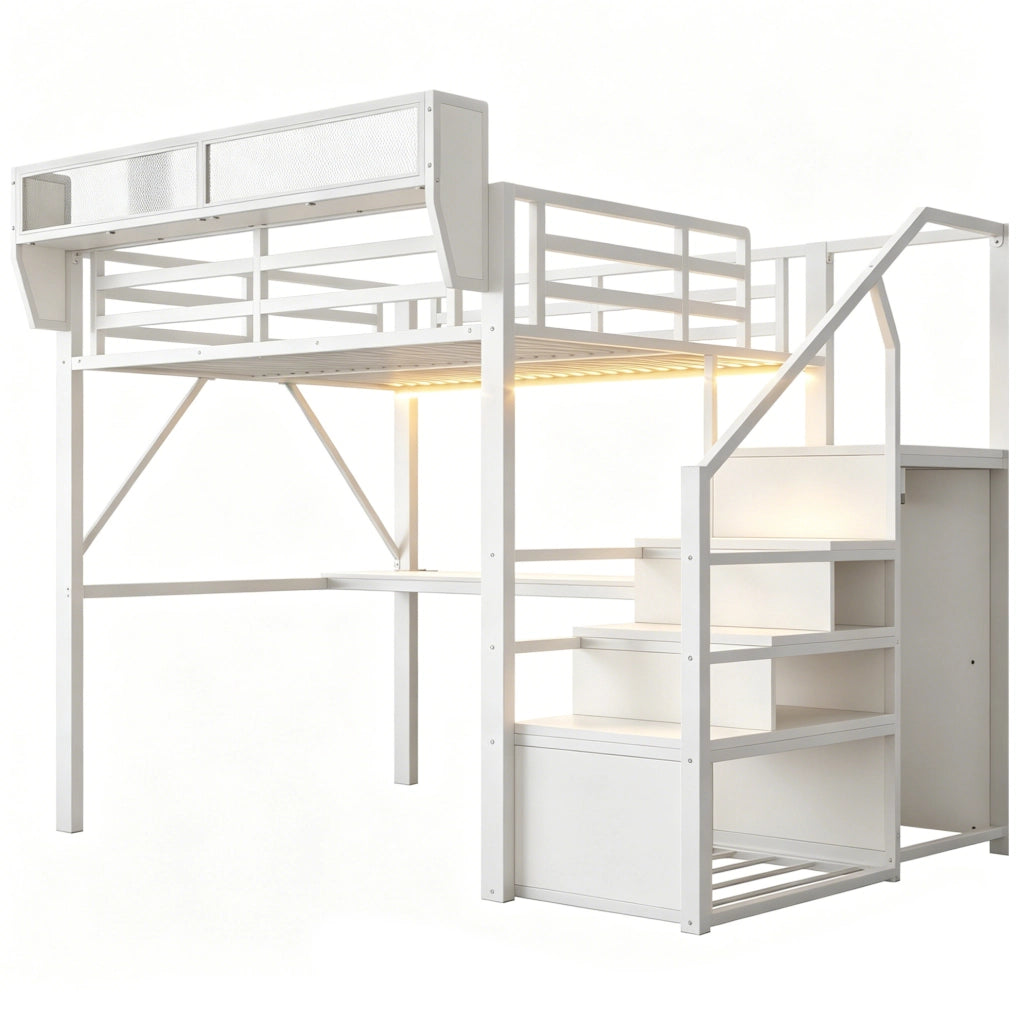 Letto a soppalco 140x200 cm con scrivania, LED e ripiani in metallo bianco