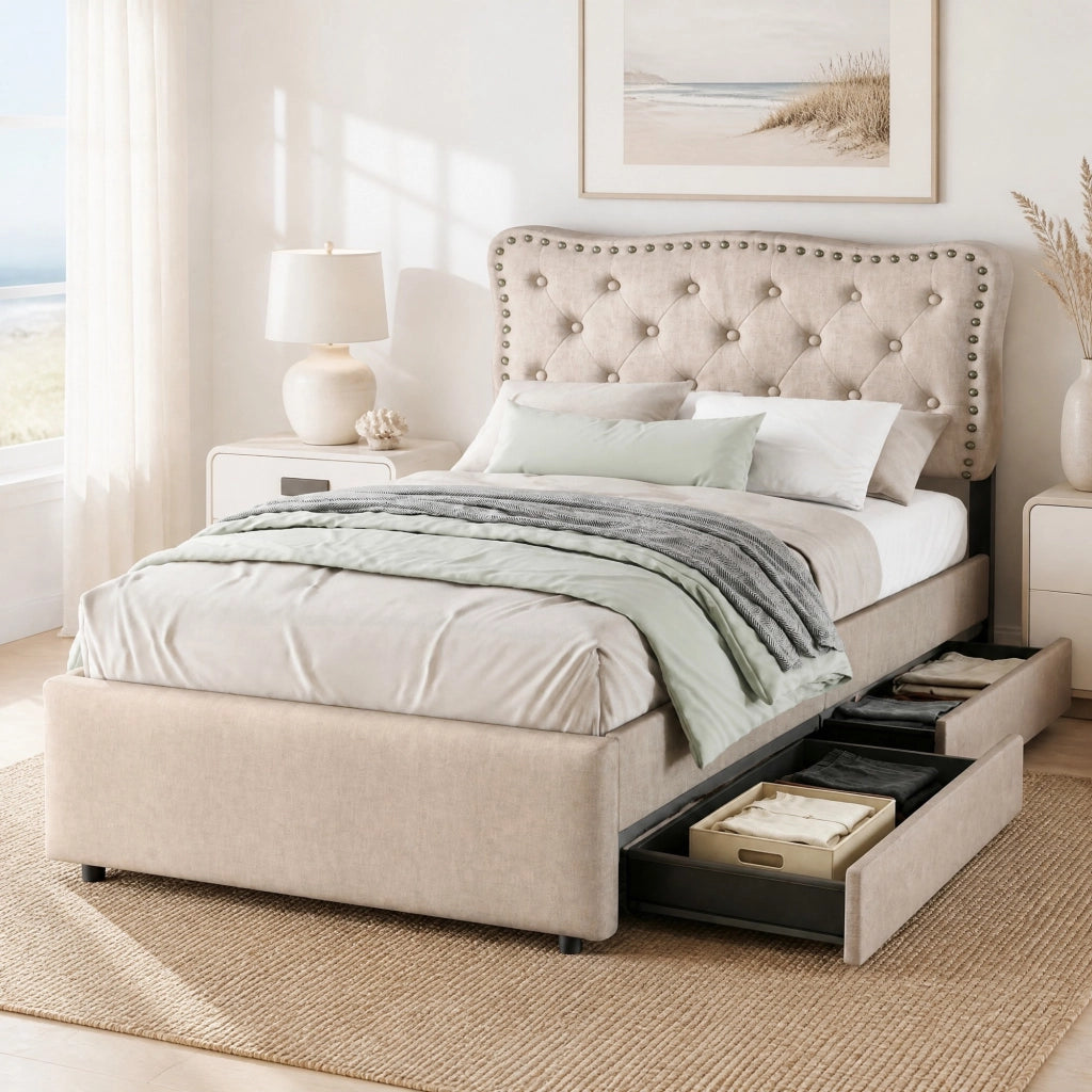 LETTO Imbottito 90x200 cm Dunkelbeige con 2 cassetti