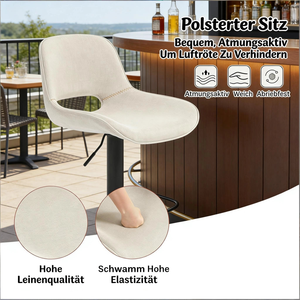 Set di 2 sgabelli da bar girevoli con schienale in lino beige, altezza regolabile, struttura in metallo