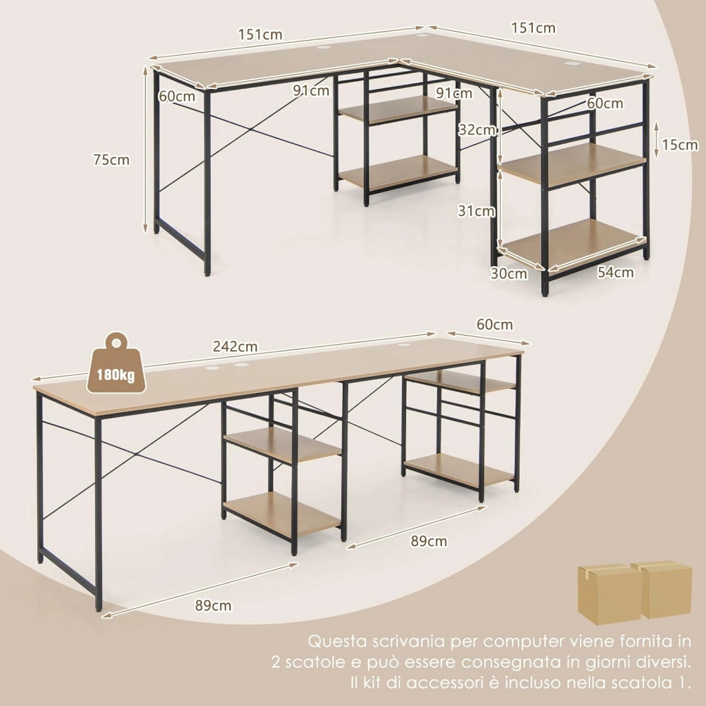 Scrivania Angolare per Computer con Supporto per Monitor, Scrivania Porta PC in Legno, Scrivania Salvaspazio e Moderna per Ufficio e Studio, 242 x 60 x 75 cm (Naturale)