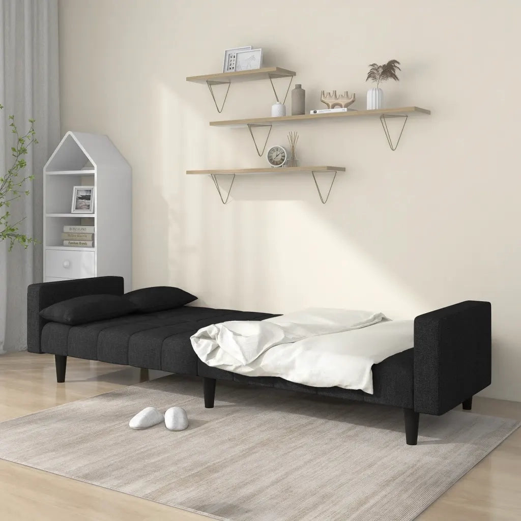 Divano Letto a 2 Posti con 2 Cuscini Nero in Tessuto 375835