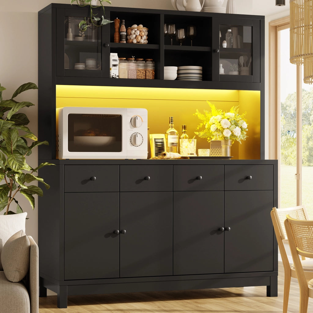 Credenza alta con LED RGB da app, 4 cassetti e ripiani regolabili per cucina e soggiorno in MDF nero 140 × 38,5 × 180 cm