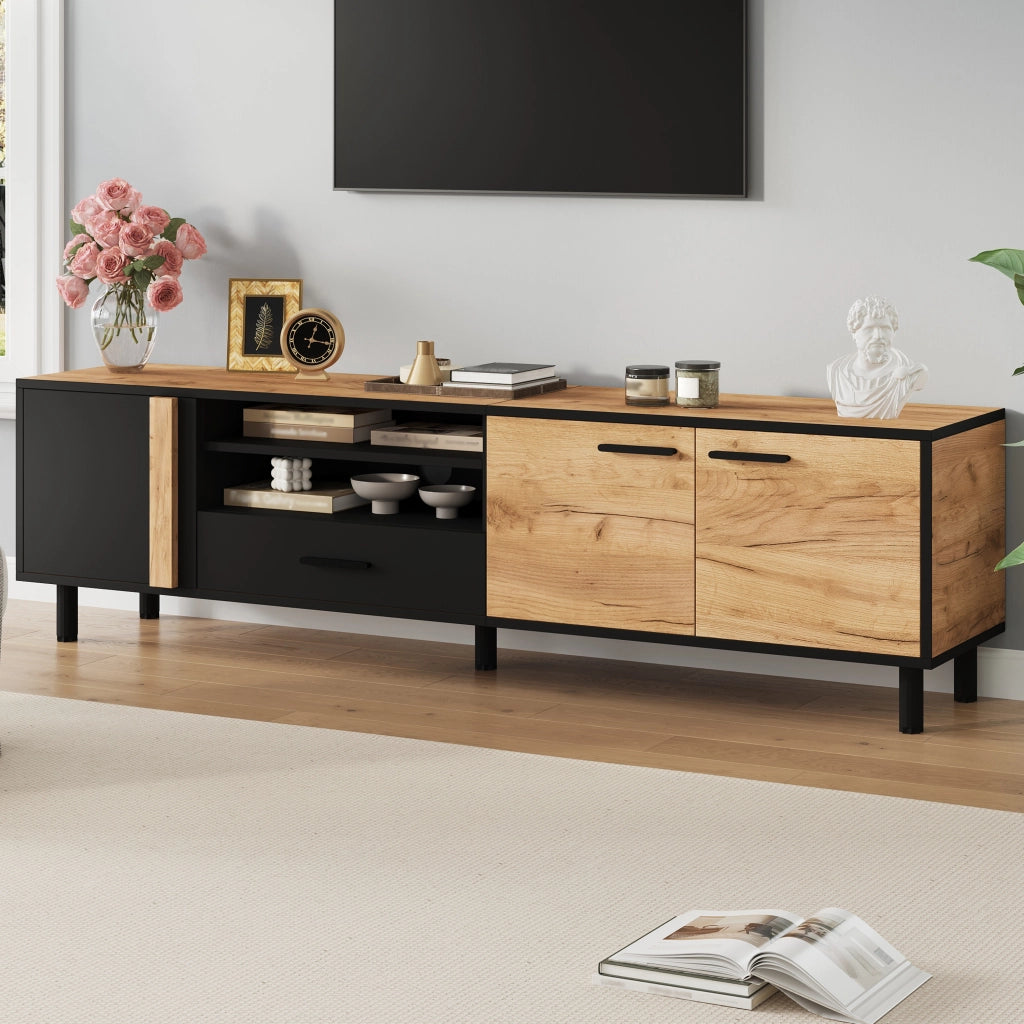 Cassettiera TV nero e finitura legno; in truciolare; lunghezza 180 cm
