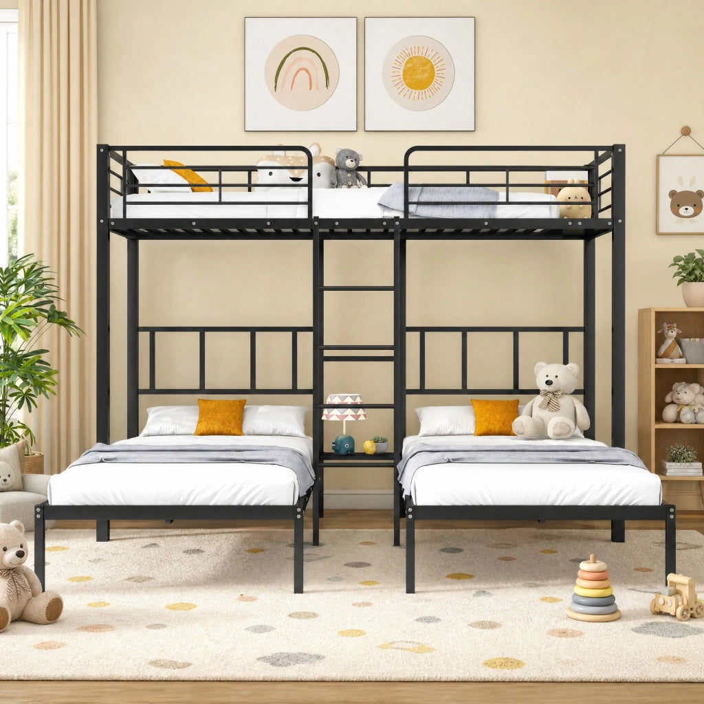 DESMIU Letto a castello 3 posti 90 × 200 cm con scala, tavolo integrato, senza materasso, in metallo, nero