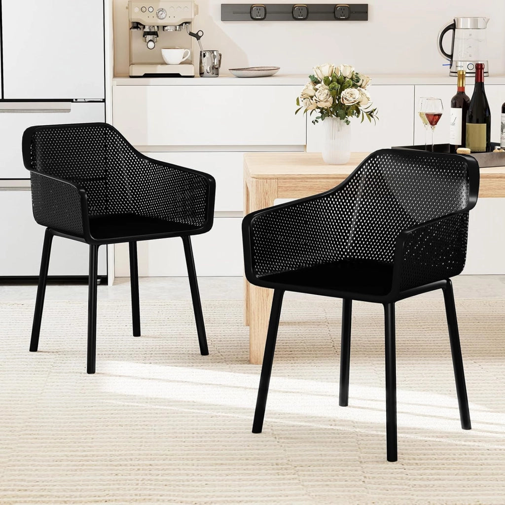 Set di 2 Sedie da Pranzo, Sedie da Cucina in PP con Schienale a Rete e Braccioli, Poltrone Moderne e Impermeabile per Cucina, Camera da Letto e Soggiorno, Portata 150 kg, Nero