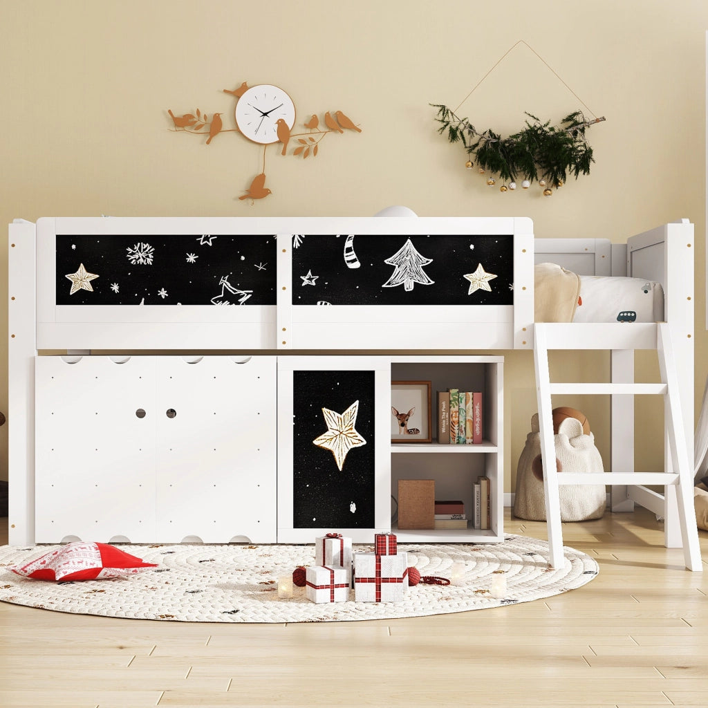 Hochbett bianco con armadi a doppia anta e lavagna integrata in abete MDF compensato 90x200 cm