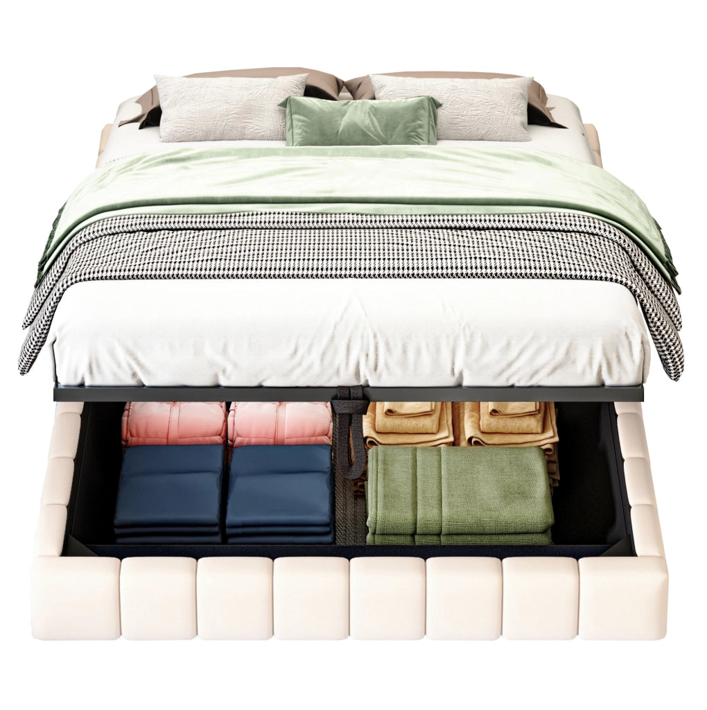 Letto imbottito 140x200 cm con contenitore; LED regolabile e struttura effetto sospeso beige