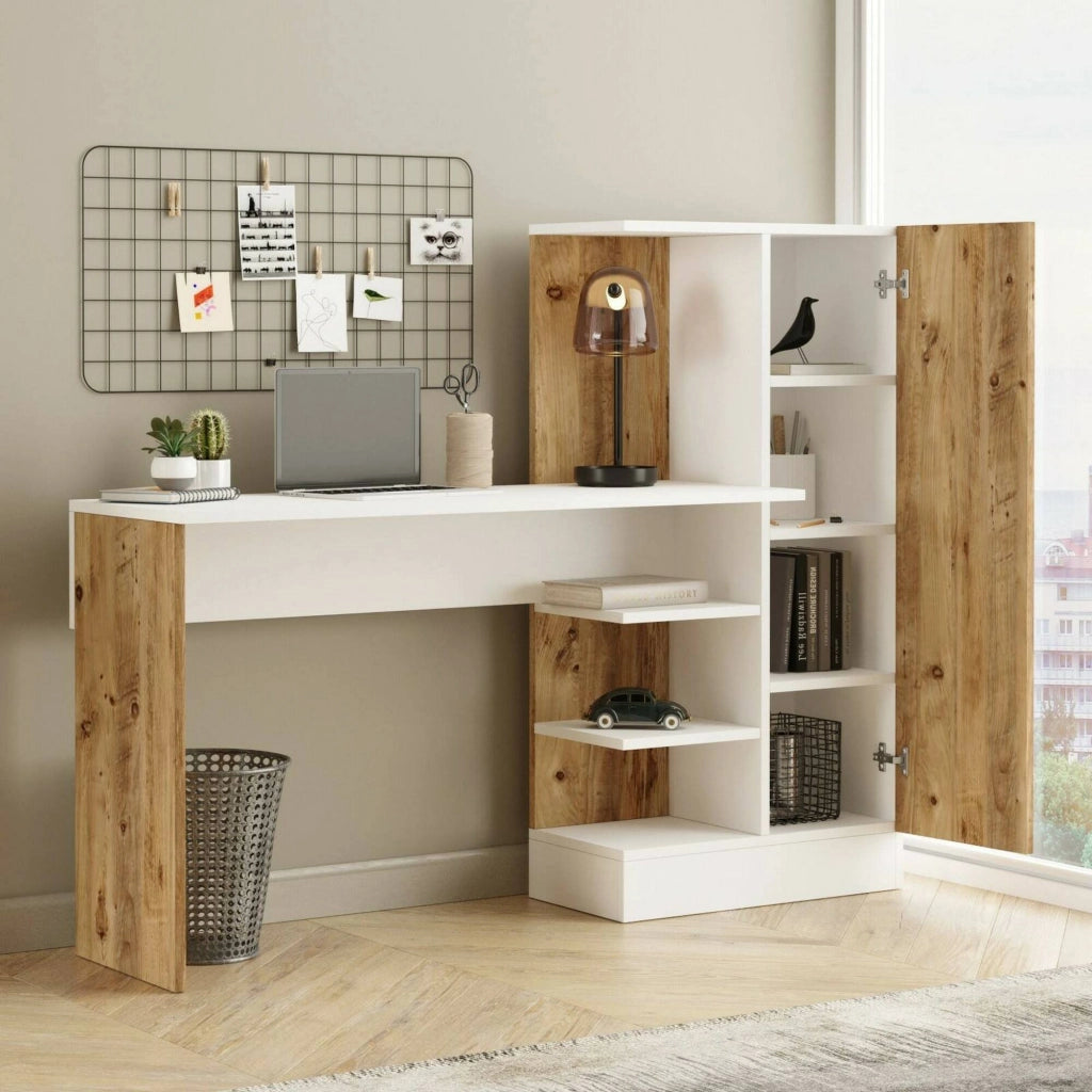 Scrivania Angaga, Scrittoio multiuso, Tavolo per ufficio porta PC, Piano di lavoro, 152x40h120 cm, Quercia e Bianco