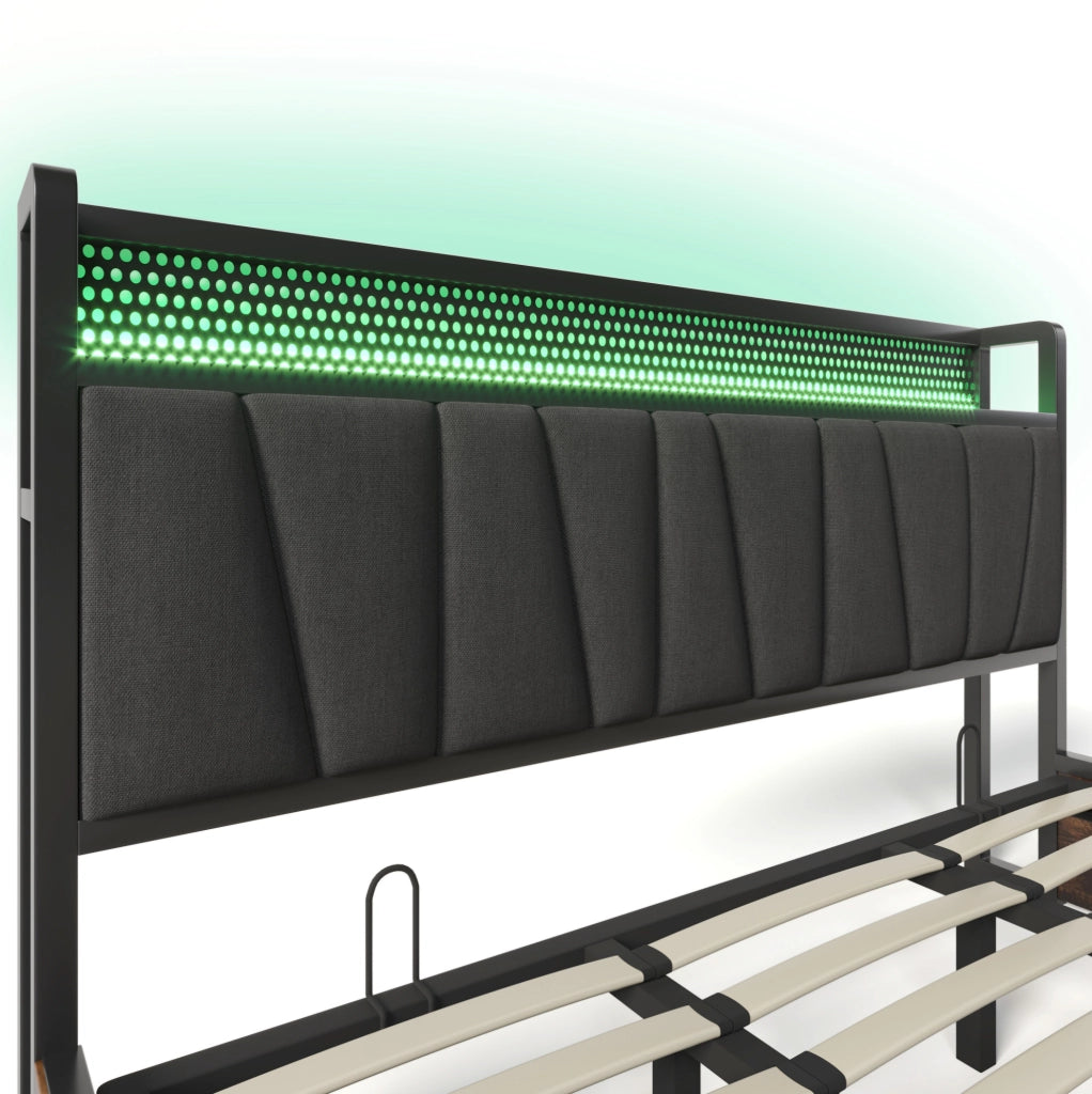 Letto matrimoniale in metallo con LED RGBW, USB e contenitore