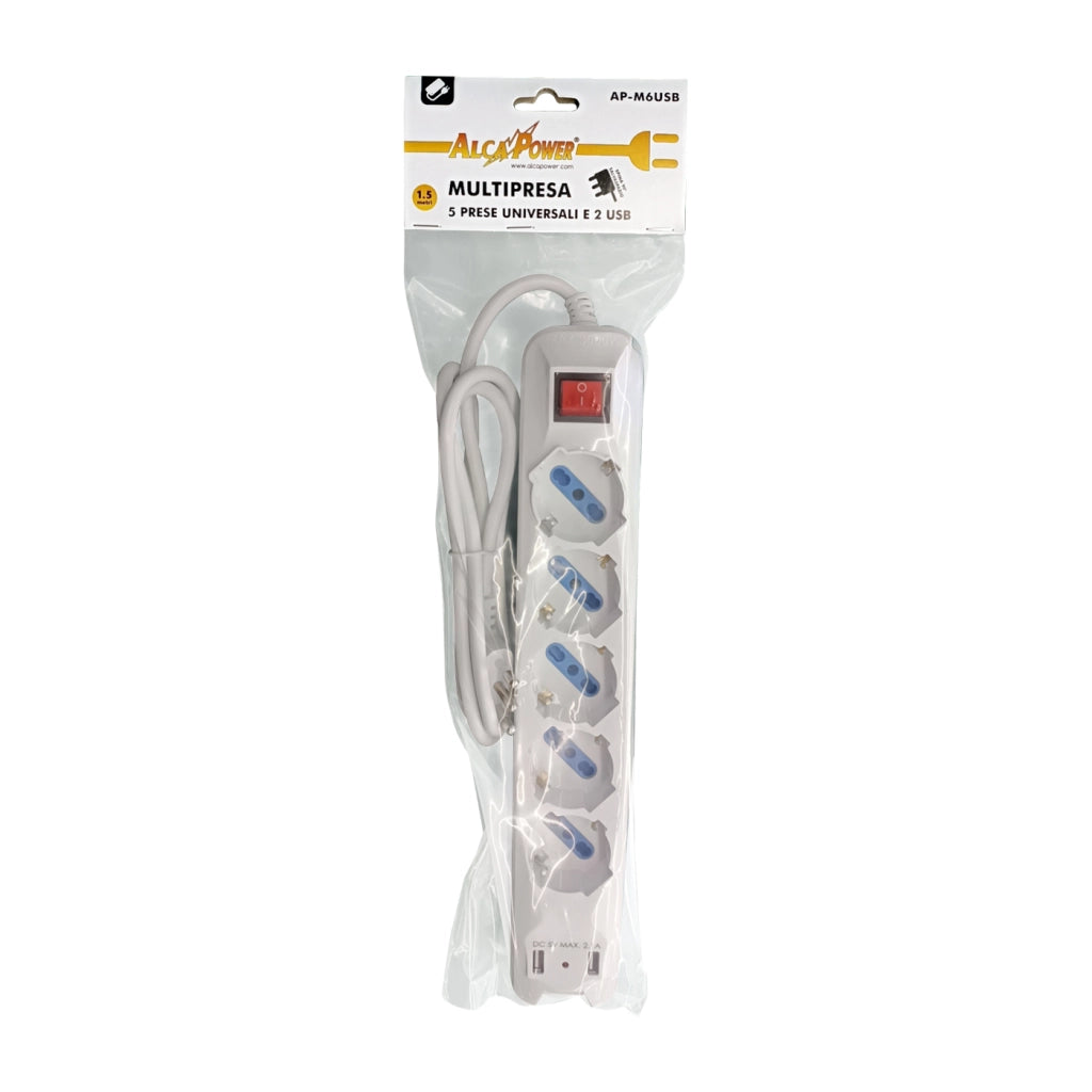 Alcapower Multipresa Elettrica 5 Prese Bipasso Schuko 3500W con 2 Porte USB 2.1A, Cavo 1.5m e Spina Salvaspazio 90° per Ufficio e Casa Alta Qualità