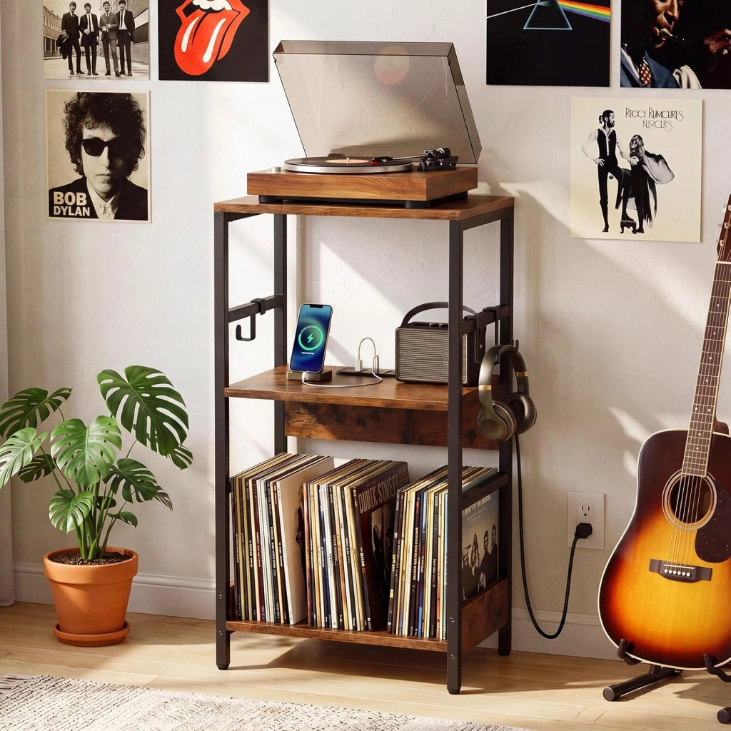 Supporto per Giradischi a 3 Livelli, Mobile Porta Giradischi in Legno con Stazione di Ricarica e 3 Ganci, Scaffale per Dischi Industriale per Soggiorno e Camera da Letto, 40 x 30 x 78 cm
