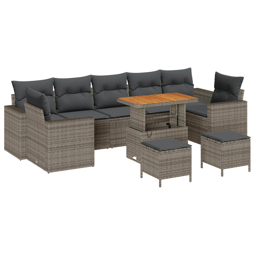 Set divani giardino 10 pezzi con cuscini grigi in rattan polimerico