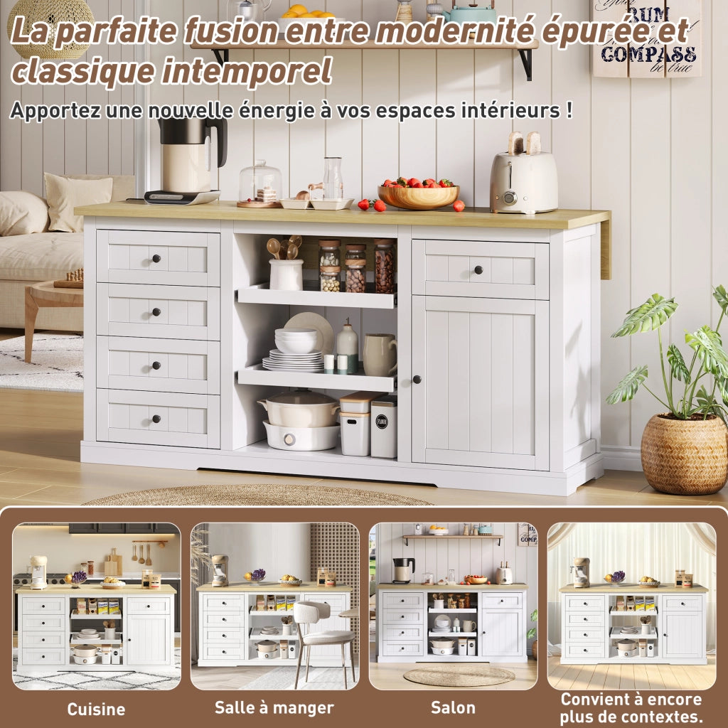 Credenza da Cucina con 5 Cassetti; 2 Ripiani Estraibili; Piano Ribaltabile e Prese; 150x65x75;5 cm