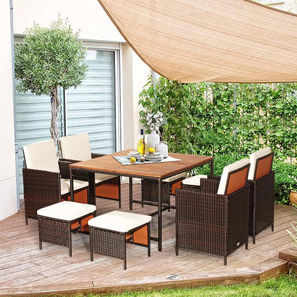 Set di mobili da giardino 8 sedie con tavolo, set da 9 mobili da giardino in rattan, con tavolo da balcone, 4 sedie da pranzo e 4 sgabelli scorrevoli (cuscini beige), KZ03907