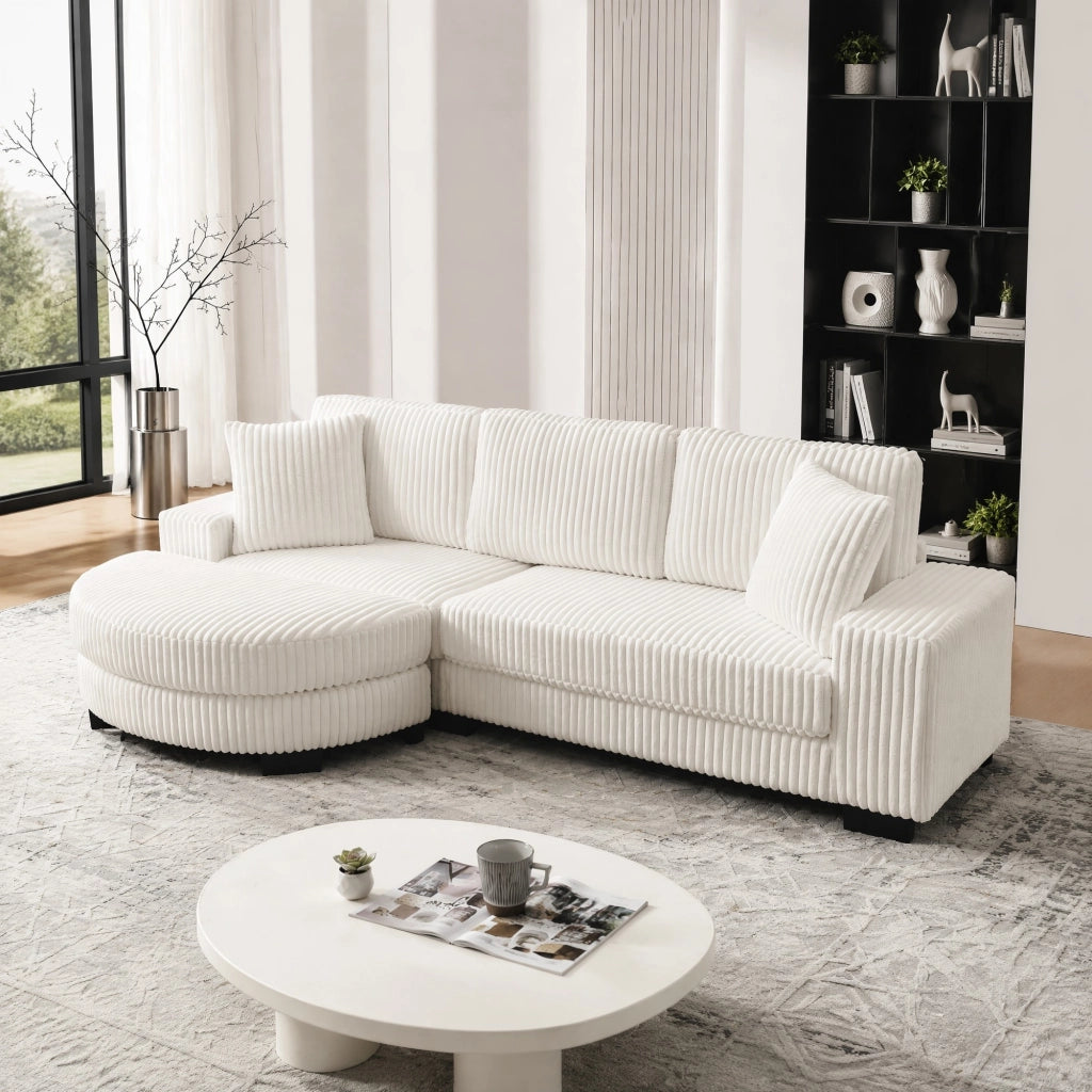 Divano angolare modulare 4 posti - con hocker ovale e 2 cuscini - in corduroy beige