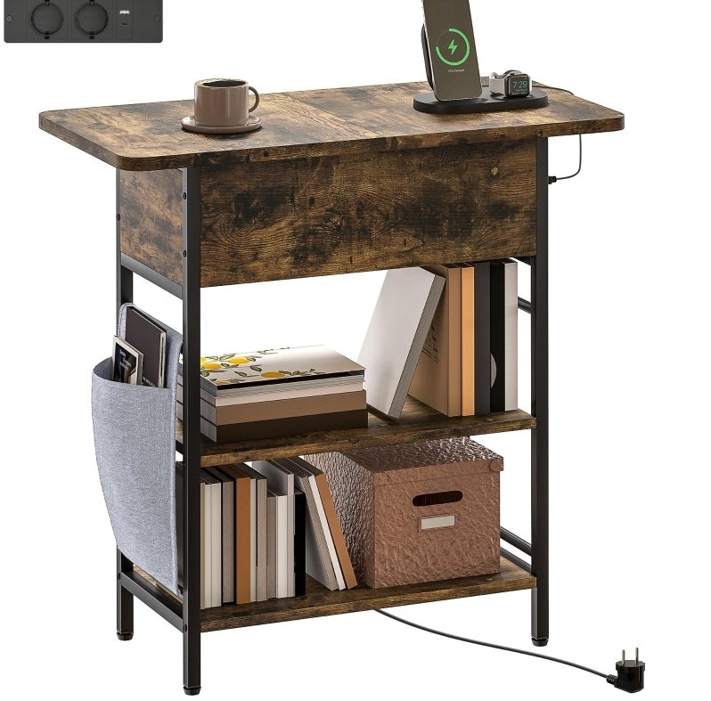 Comodino con presa 60x29，8x58，5 cm legno marrone rustico， contenitore