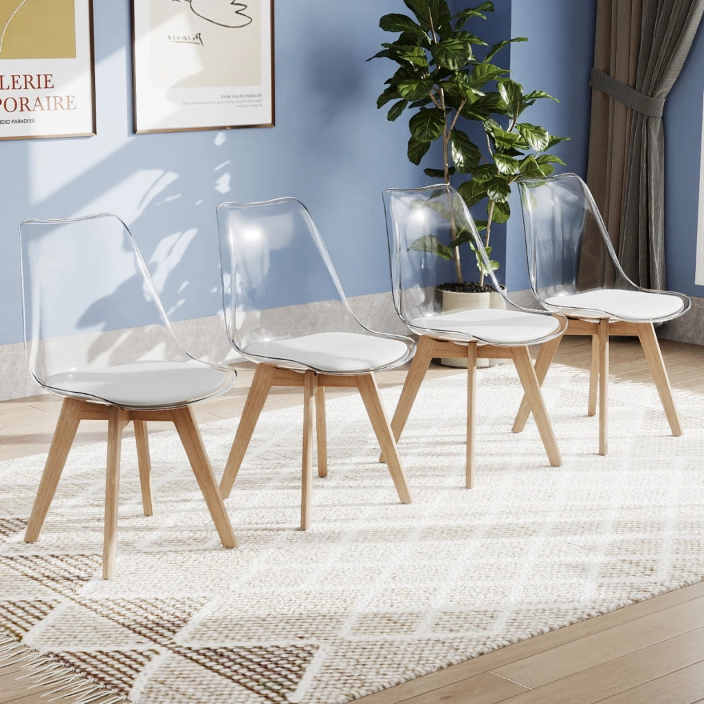 Set sedie da pranzo trasparenti moderne senza braccioli con schienale trasparente, Set sedie in legno massello di faggio Bianco-Sedie da pranzo