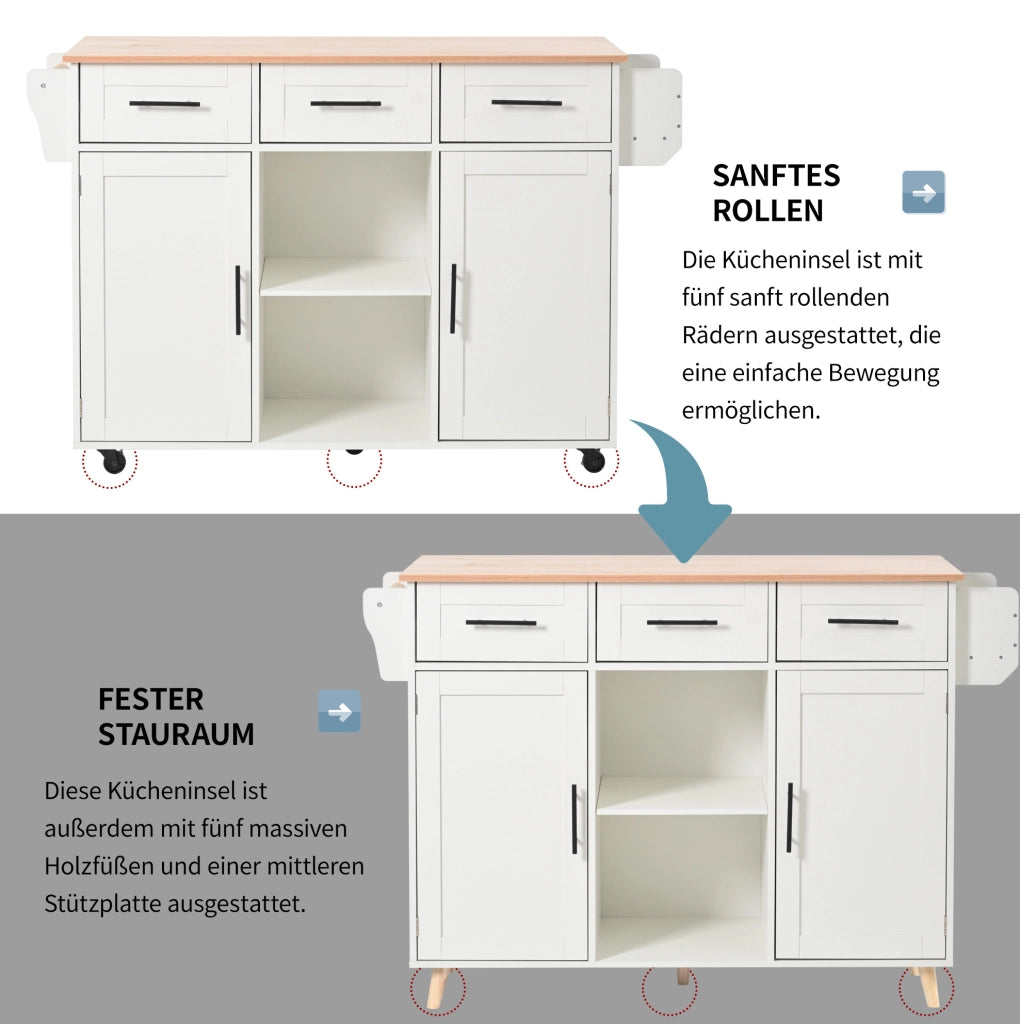 Carrello da cucina con piano ribaltabile e cassetti, bianco