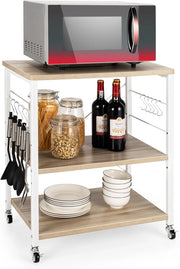 Carrello da Cucina a 3 Livelli con Ripiani Regolabili, Carrello Portaoggetti con 10 Ganci Rimovibili, per Supporto per Microonde, per Cucina e Sala da Pranzo, 60 x 40 x 73 cm (Beige)