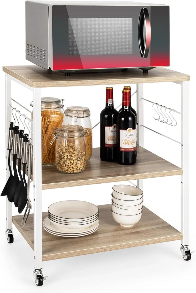 Carrello da Cucina a 3 Livelli con Ripiani Regolabili, Carrello Portaoggetti con 10 Ganci Rimovibili, per Supporto per Microonde, per Cucina e Sala da Pranzo, 60 x 40 x 73 cm (Beige)