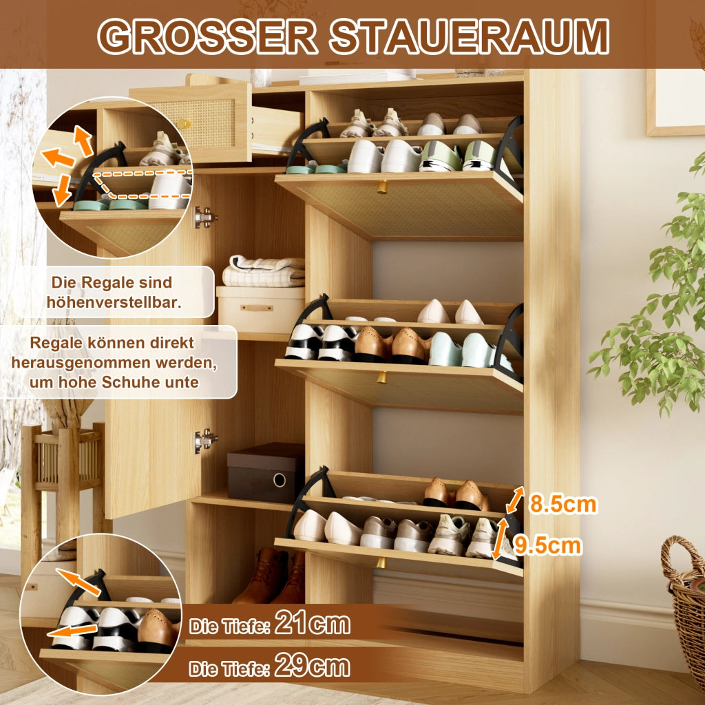Scarpiera in truciolare con 3 ante a ribalta, 1 cassetto e 1 anta, design in rattan per ingresso, 80,5 × 25 × 125 cm
