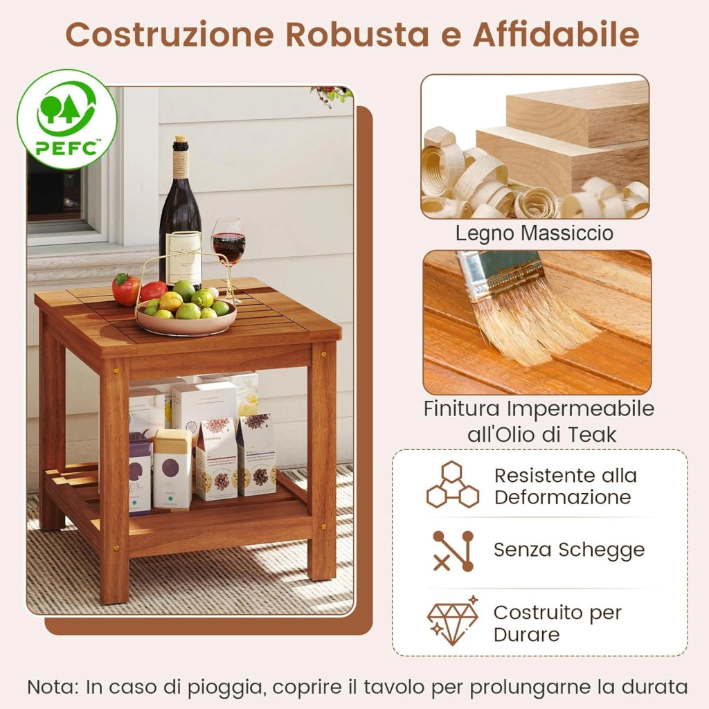 Tavolino Laterale da Esterno a 2 Livelli, Tavolino da Caffè in Legno Massello con Ripiano Portaoggetti, Tavolo Quadrato in Stile Rustico per Patio, Giardino, Veranda e Soggiorno