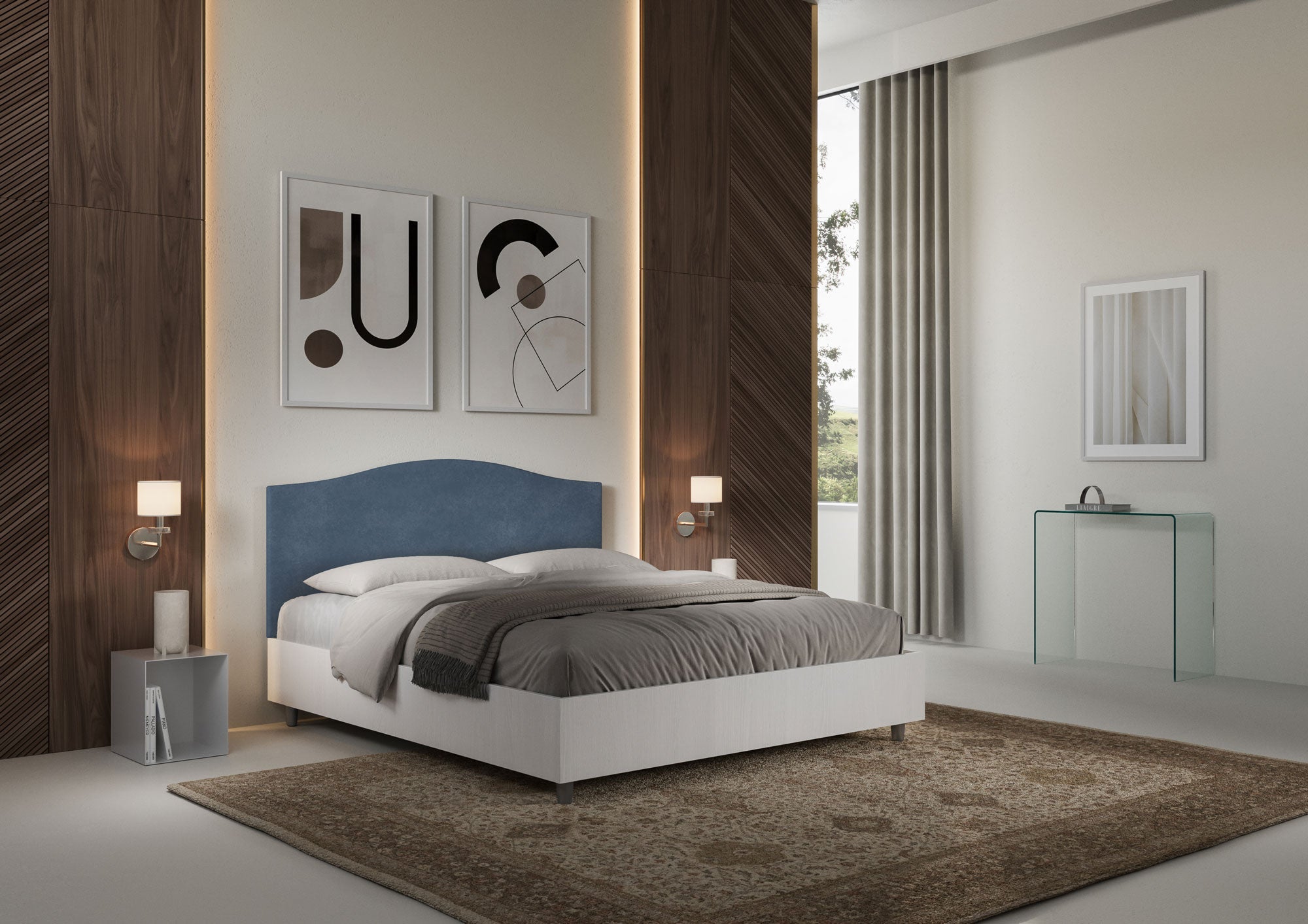 Letto Matrimoniale 160x190 cm con Rete e Contenitore Grace Blu