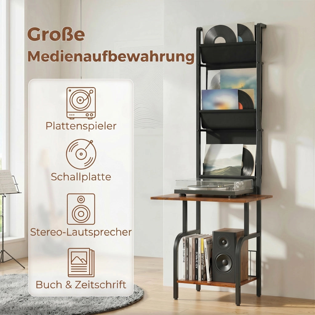 Libreria per CD e DVD con 3 tasche in tessuto e ripiano ¨C zephmum ¨C Legno effetto rustico marrone