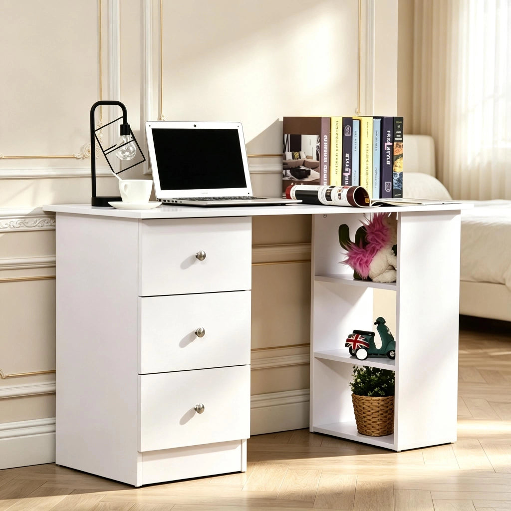 Scrivania lineare con 3 cassetti e 2 ripiani, piano ampio, per camera da letto e ufficio, bianco, 120 × 49 × 72 cm