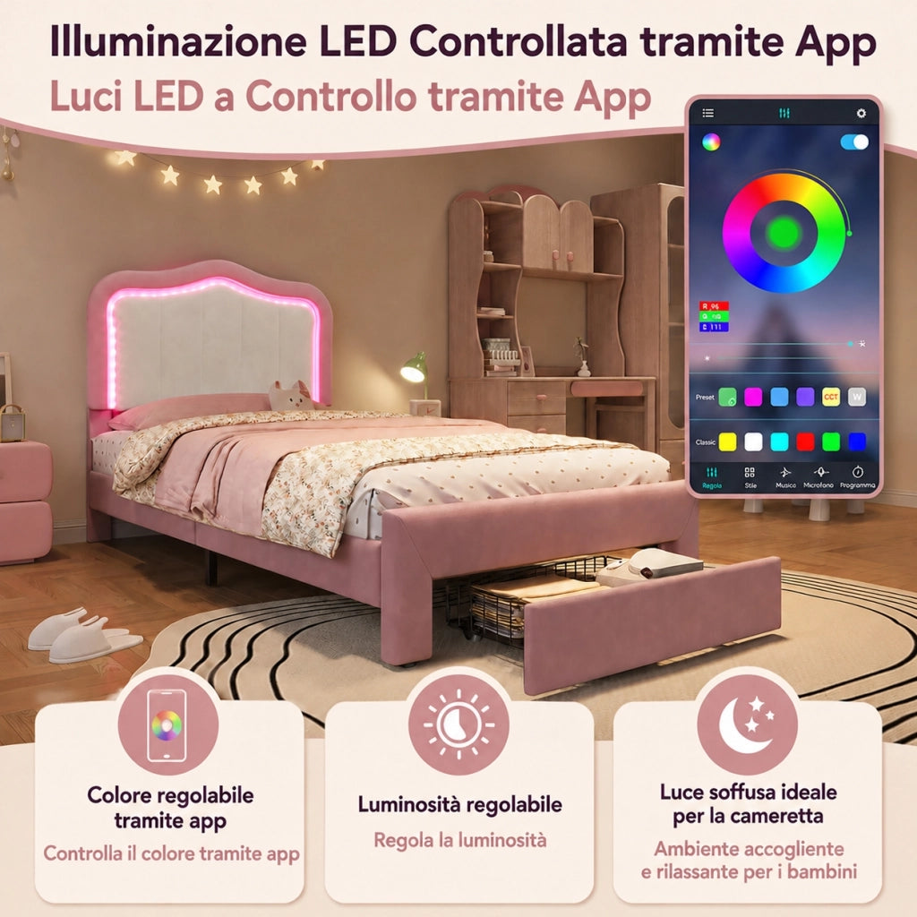 Letto imbottito per bambini 90 x 200 cm con cassetto e LED; velluto rosa