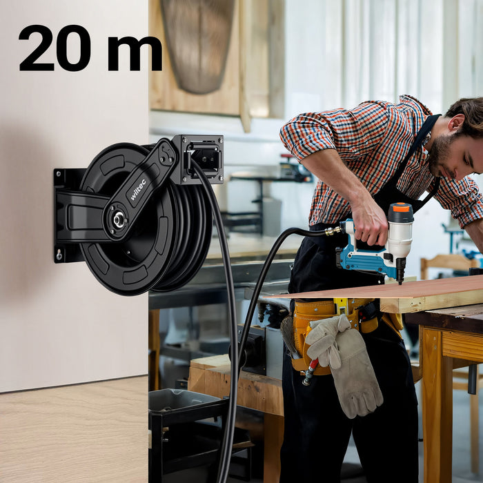 Avvolgitubo per aria compressa 20 m, avvolgitubo automatico in acciaio, 20 bar, facile montaggio a muro, girevole a 180°