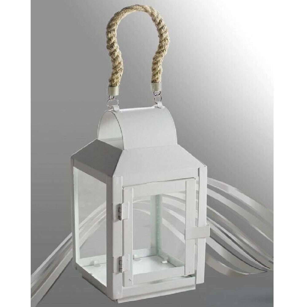 Trade Shop - Porta Candela Lumino Lanterna In Vetro Metallo Bianco Con Manico In Corda 42263 -