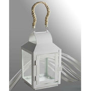 Trade Shop - Porta Candela Lumino Lanterna In Vetro Metallo Bianco Con Manico In Corda 42263 -