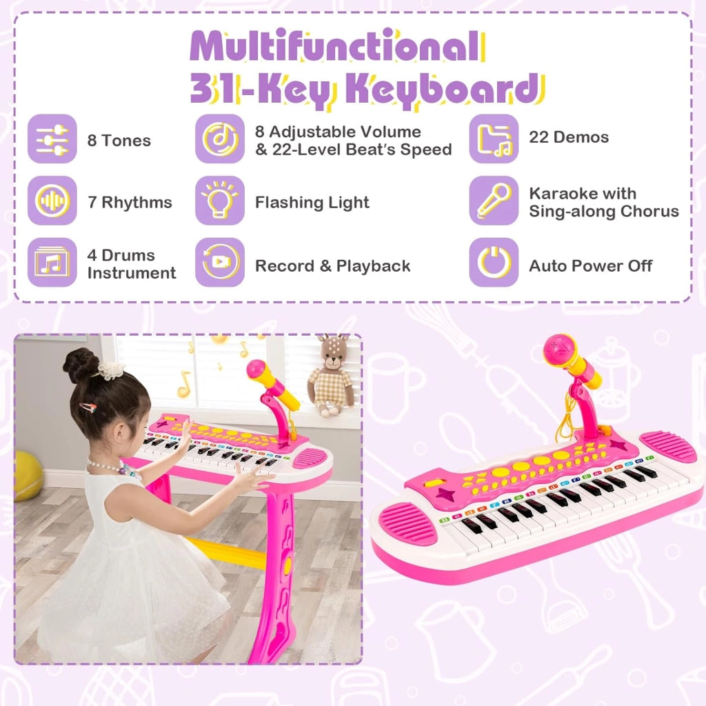 Pianola Bambini Musicale Tastiera, Tastiera Digitale a 31 Tasti, Mini Tastiera per Bambini con Effetti Luminosi e Microfono, Strumenti Musicali con Sgabello, 22 Battiti/8 Toni/7 Ritmi (Rosa)