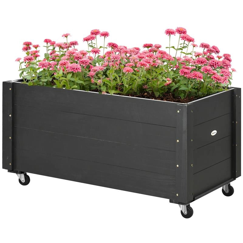 FIORIERA DA GIARDINO CON FORO DI DRENAGGIO E ROTELLE, IN LEGNO DI ABETE, 89X48X47 CM, NERA