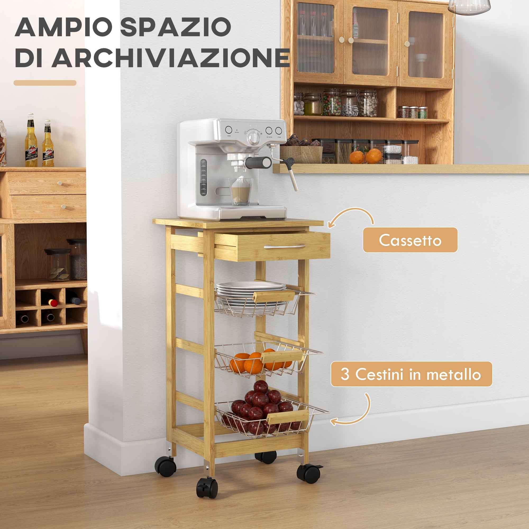 Carrello Cucina con Cassetto e 3 Cestini a Rete Metallica 37x37x76 cm in Legno