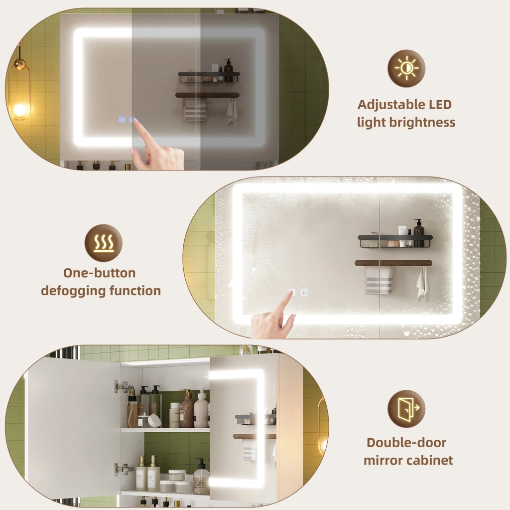 Specchio contenitore bagno 80x17x70 cm, 2 ante, LED dimmerabile e antiappannamento, MDF bianco
