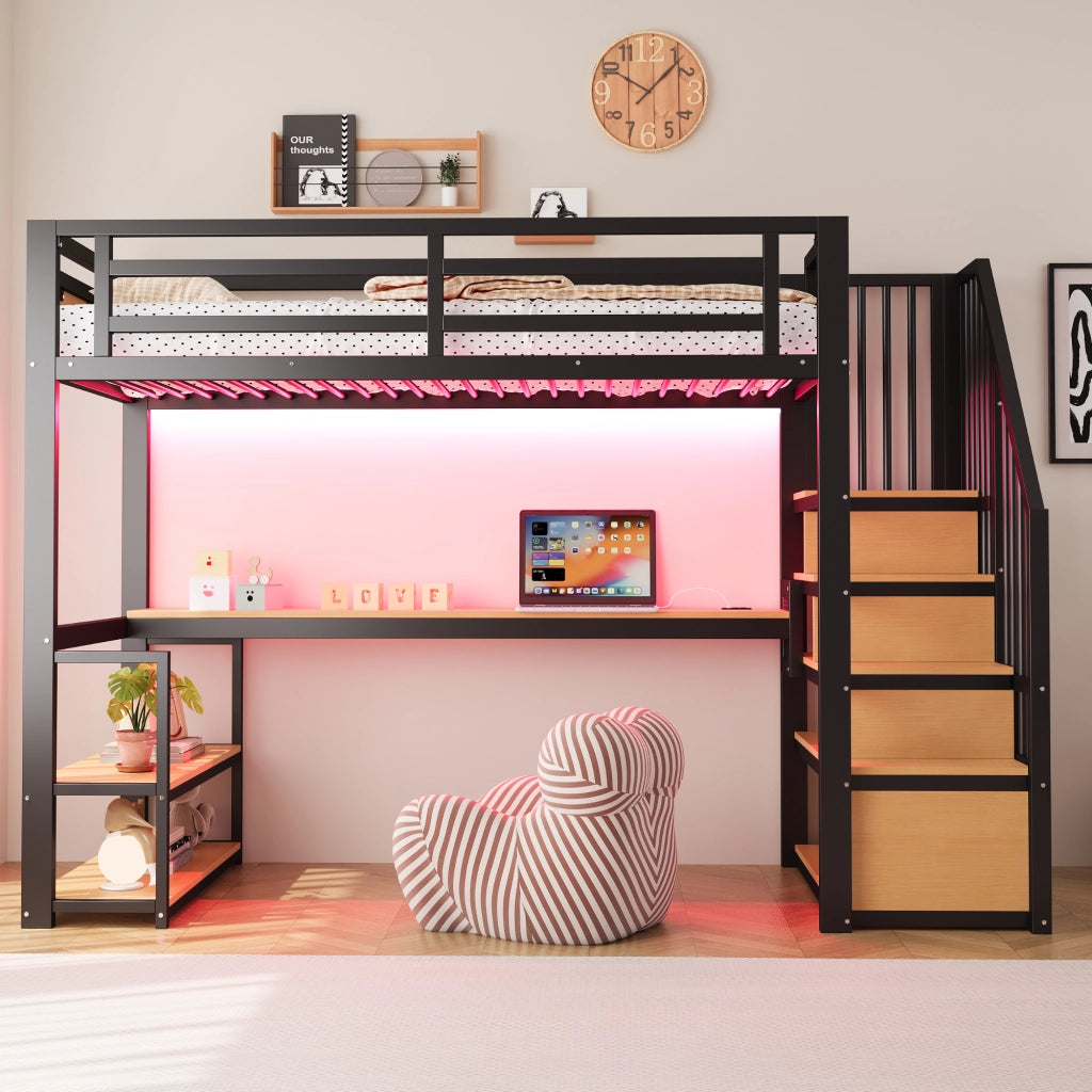 Letto a soppalco 90 × 200 cm con scrivania, ripiani, scala contenitore et barriera di sicurezza, senza materasso, in metallo, nero