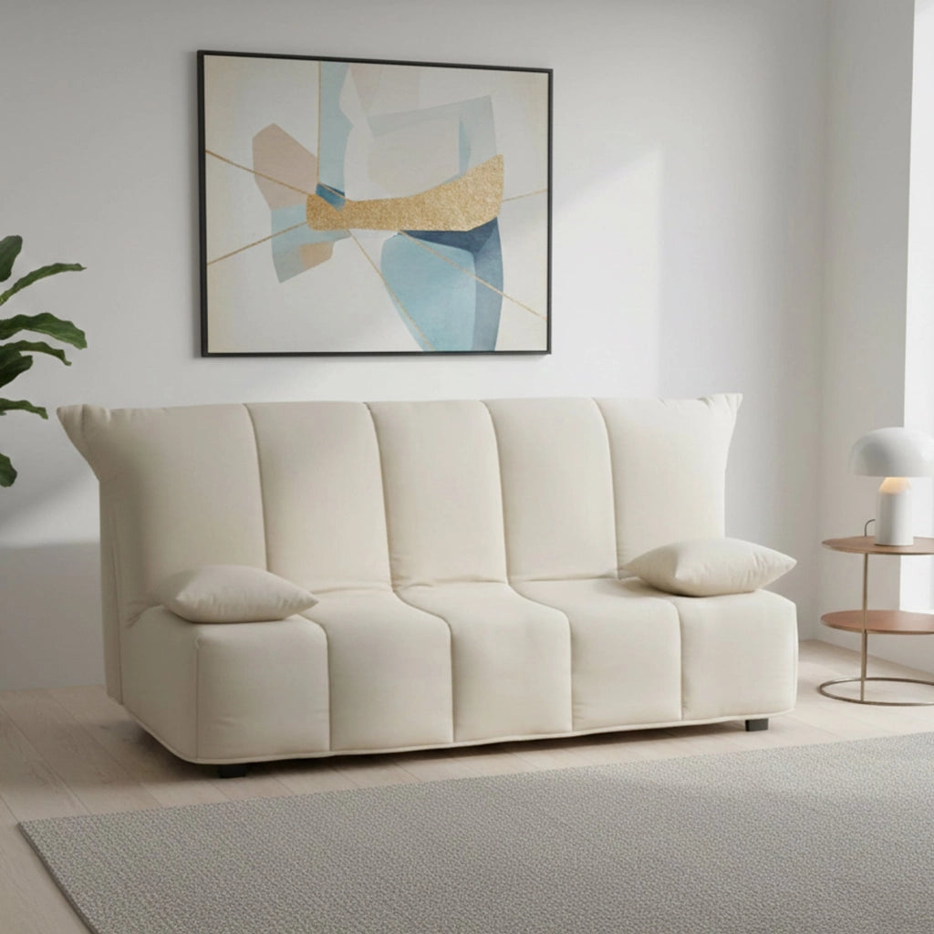 Divano Letto Antal, Divano a 3 posti, Made in Italy, SofÒ  Soggiorno con apertura a carrello con apertura a carrello, in tessuto imbottito, con cuscini inclusi, cm 165x90h85, colore Beige