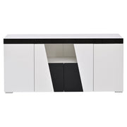 Credenza con 4 ante e 3 vani con ripiani regolabili e LED; frontali lucidi; per soggiorno; bianco e nero; 140×40×65 cm