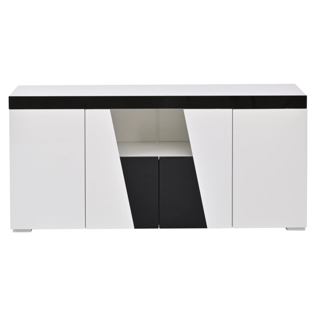 Credenza con 4 ante e 3 vani con ripiani regolabili e LED; frontali lucidi; per soggiorno; bianco e nero; 140×40×65 cm