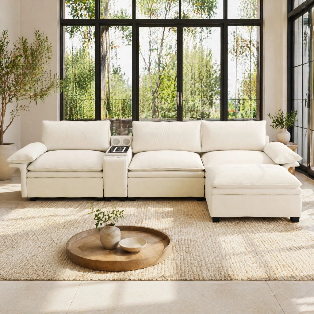 Divano modulare 4 posti con ricarica wireless, altoparlanti Bluetooth, luce, portabicchieri, ciniglia Beige/Bianco