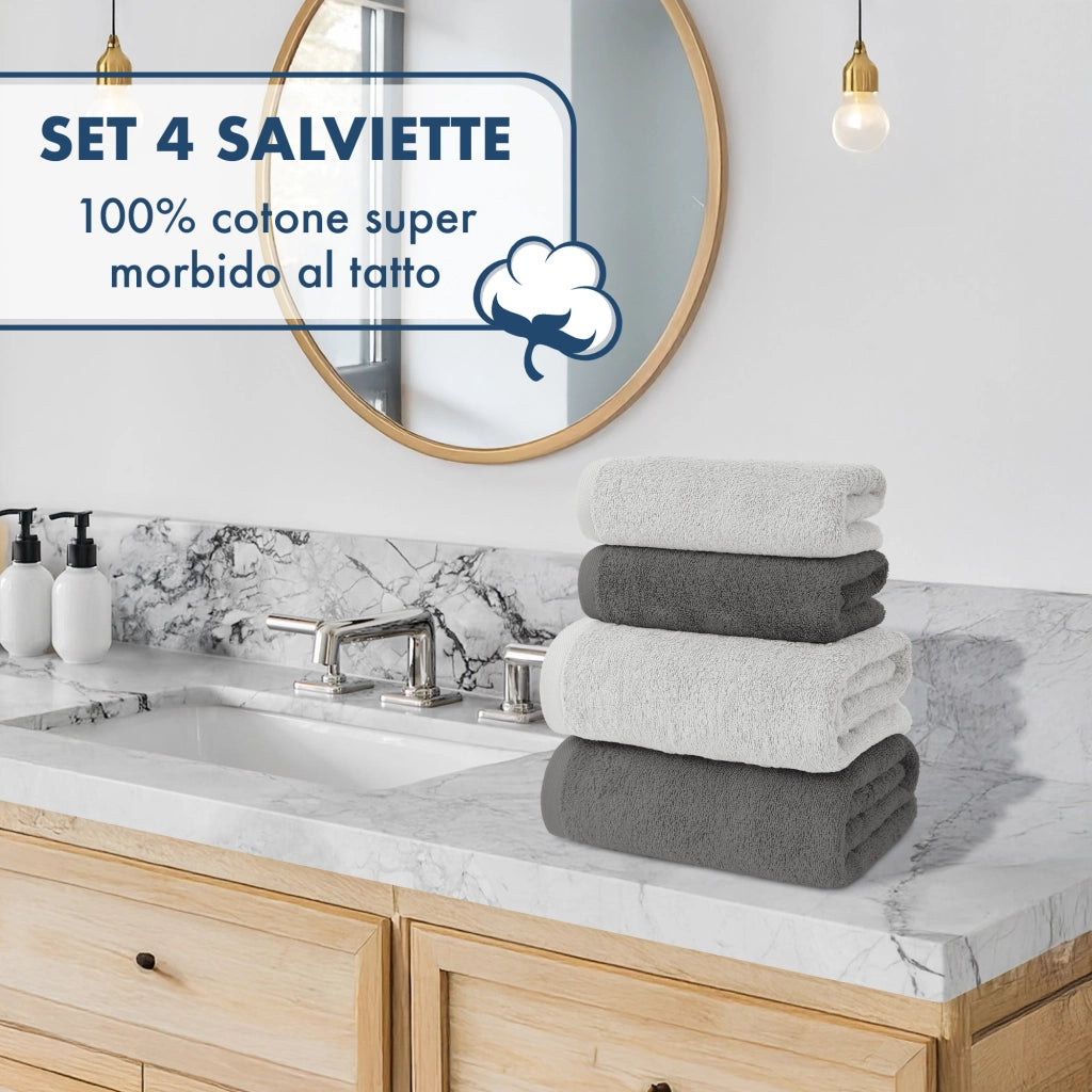 Asciugamani Bagno 100% Spugna Puro Cotone 500 Gr 4 Pezzi 2 Salvietta Viso 2 Asciugamano Ospite Mani Qualità Certificato Oeko-Tex Salviette Super Morbide Bicolore Smoke/GrigioPerla